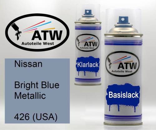 Nissan, Bright Blue Metallic, 426 (USA): 400ml Sprühdose + 400ml Klarlack - Set, von ATW Autoteile West.